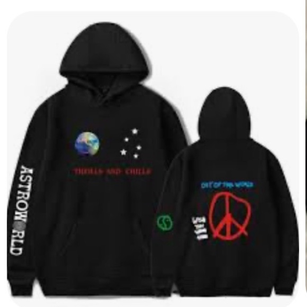 Travis Scott Black Hoodie with Multicolor Graphic and Red Peace Symbol